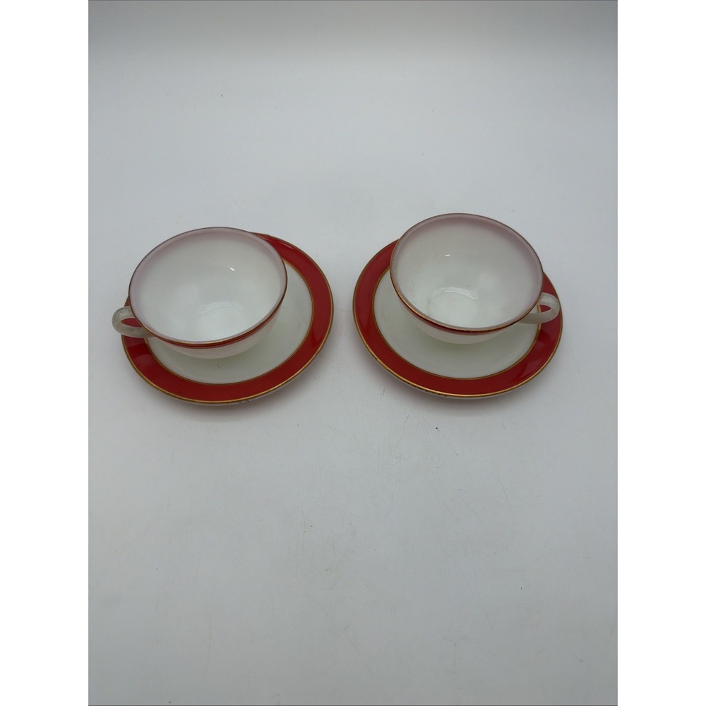 Vintage 2 Sets Cup & Saucer (4 pcs)PYREX Milk Glass Pink Flamingo or Coral Band
